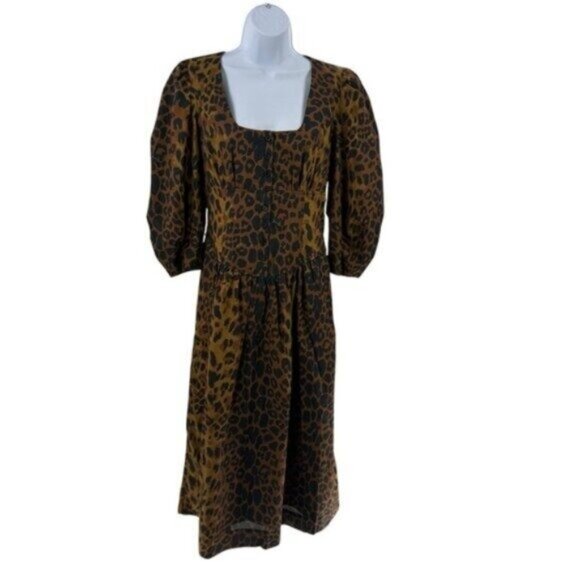 Tuckernuck NEW Leopard Graciela Puff Sleeve Square Neck Midi Dress Size 14 - Picture 3 of 8